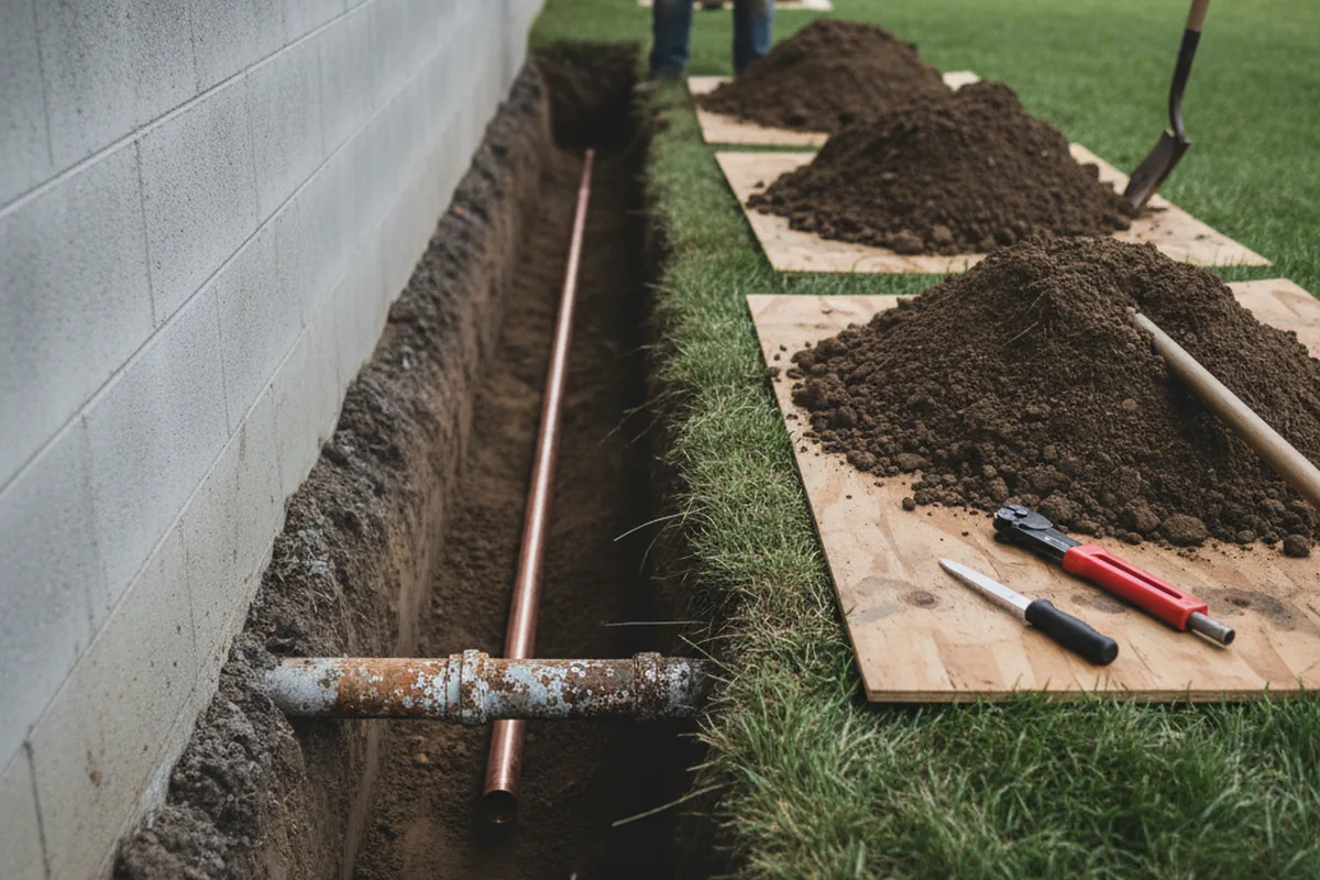 Excavated water line trench during Water Softener Installation in Fairview
